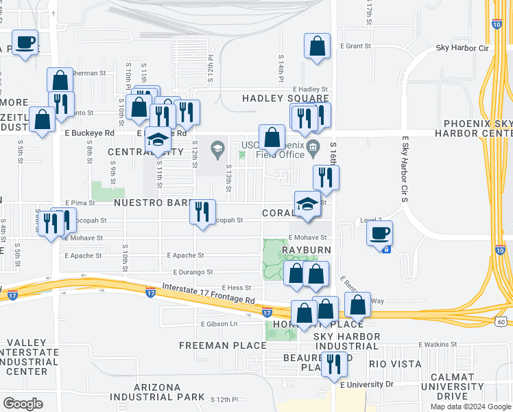map of restaurants, bars, coffee shops, grocery stores, and more near 1441 South 13th Place in Phoenix