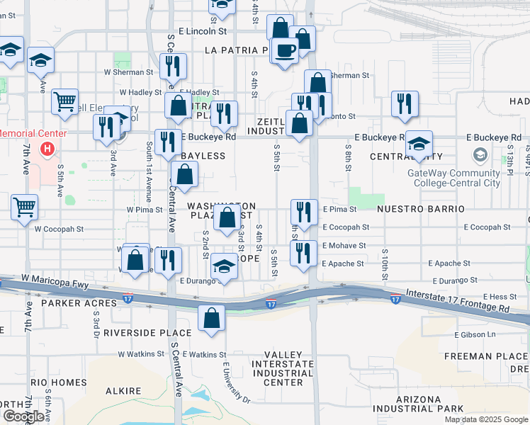 map of restaurants, bars, coffee shops, grocery stores, and more near 490 East Pima Street in Phoenix