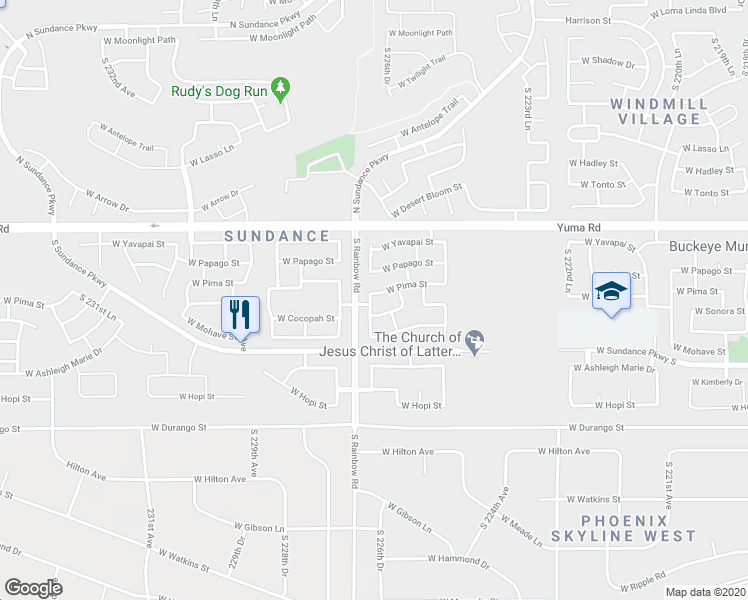 map of restaurants, bars, coffee shops, grocery stores, and more near 22669 West Pima Street in Buckeye
