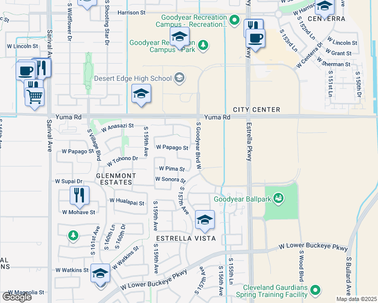 map of restaurants, bars, coffee shops, grocery stores, and more near 15733 West Papago Street in Goodyear