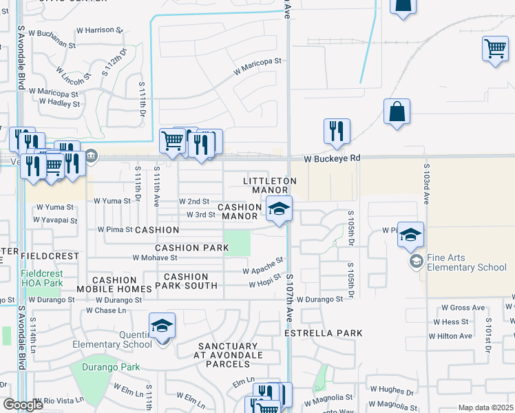 map of restaurants, bars, coffee shops, grocery stores, and more near 1406 South 107th Lane in Avondale