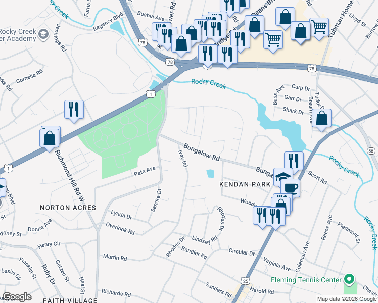 map of restaurants, bars, coffee shops, grocery stores, and more near 2230 Bungalow Road in Augusta