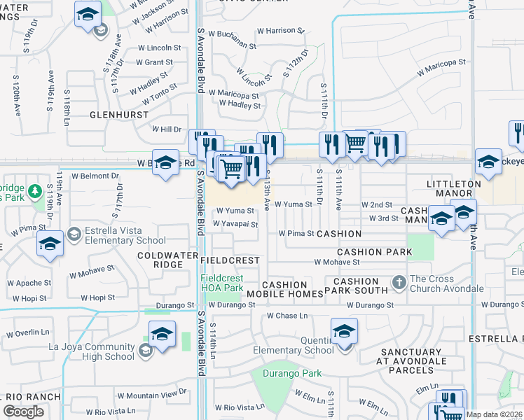 map of restaurants, bars, coffee shops, grocery stores, and more near 11244 West Yuma Street in Avondale