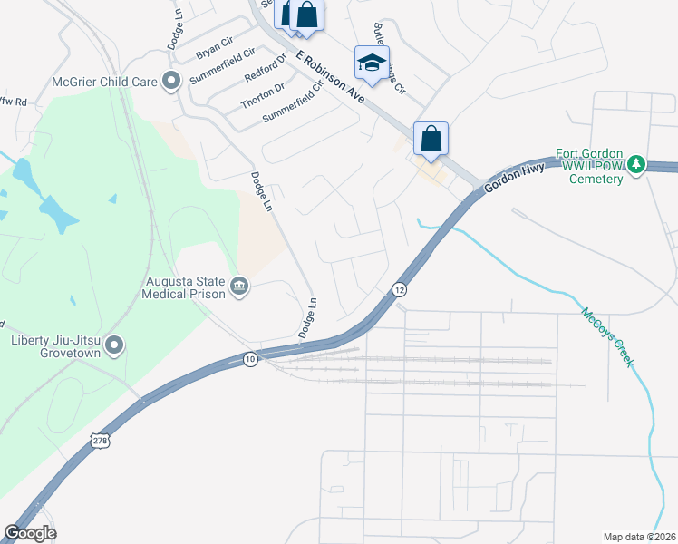 map of restaurants, bars, coffee shops, grocery stores, and more near 1327 York Drive in Grovetown