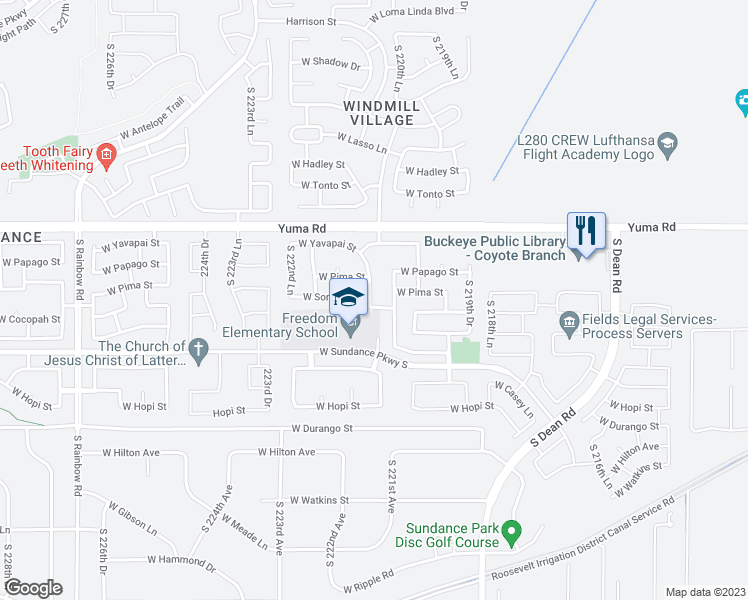 map of restaurants, bars, coffee shops, grocery stores, and more near 1497 South 221st Drive in Buckeye