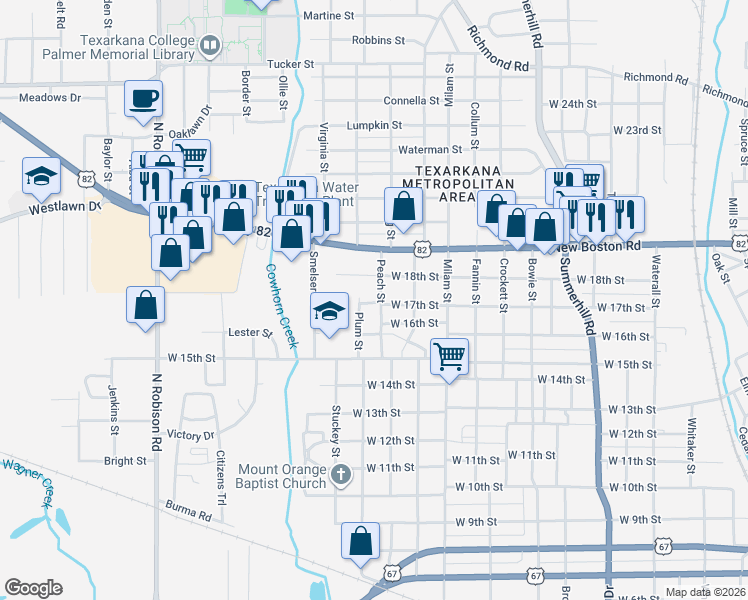 map of restaurants, bars, coffee shops, grocery stores, and more near 1709 Peach Street in Texarkana