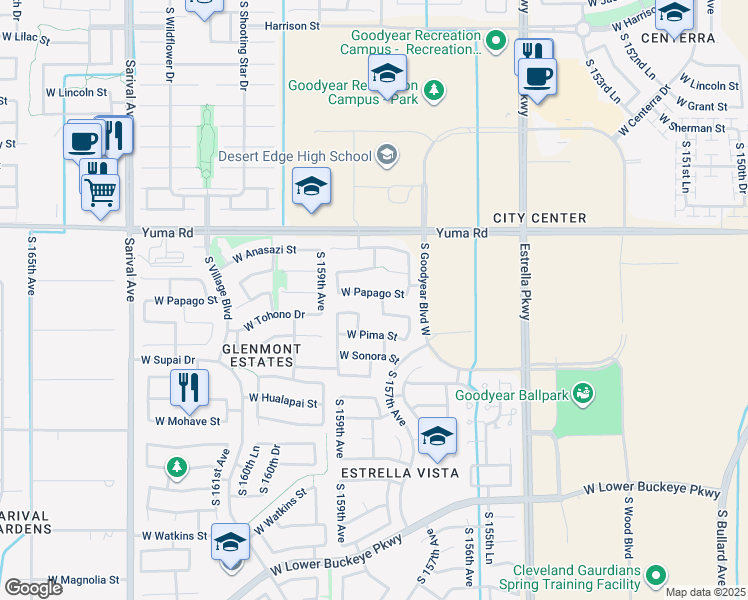 map of restaurants, bars, coffee shops, grocery stores, and more near 15830 West Papago Street in Goodyear