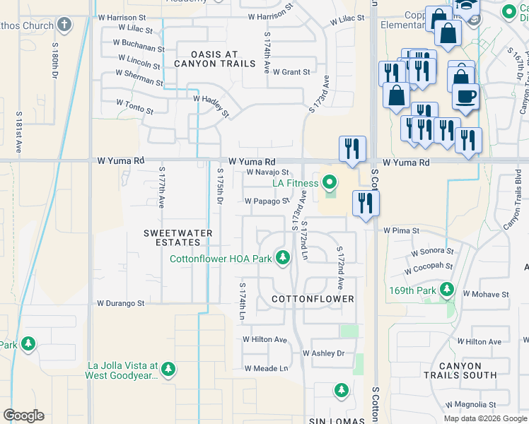 map of restaurants, bars, coffee shops, grocery stores, and more near 17429 West Papago Street in Goodyear