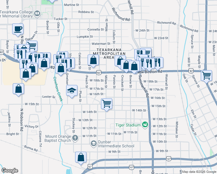map of restaurants, bars, coffee shops, grocery stores, and more near 1713 Milam Street in Texarkana