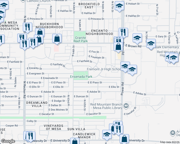 map of restaurants, bars, coffee shops, grocery stores, and more near 6528 East Elmwood Street in Mesa