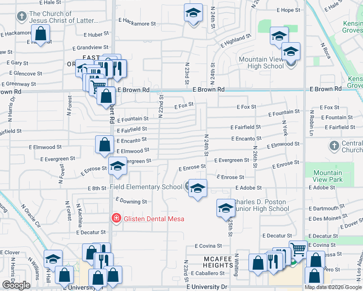 map of restaurants, bars, coffee shops, grocery stores, and more near 2305 East Encanto Street in Mesa