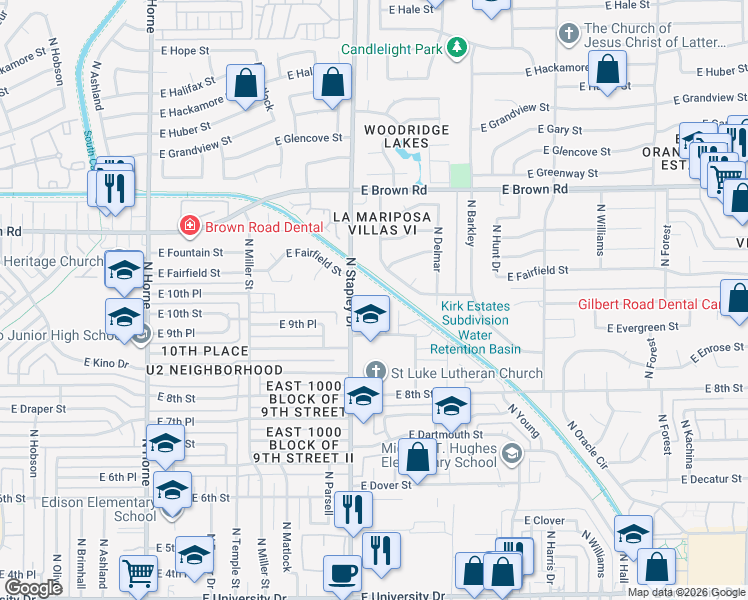 map of restaurants, bars, coffee shops, grocery stores, and more near 1251 East Encanto Street in Mesa
