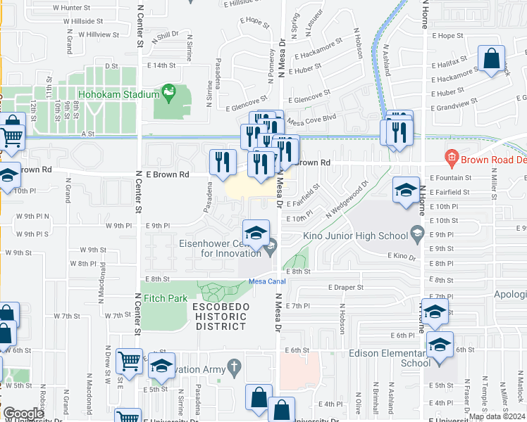 map of restaurants, bars, coffee shops, grocery stores, and more near 930 North Mesa Drive in Mesa