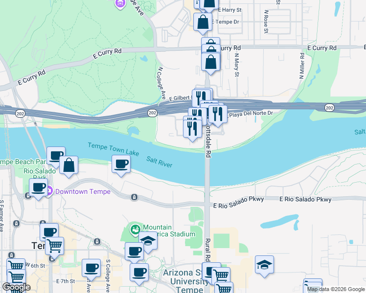 map of restaurants, bars, coffee shops, grocery stores, and more near 420 North Scottsdale Road in Tempe