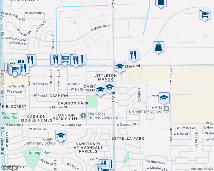 map of restaurants, bars, coffee shops, grocery stores, and more near 1325 South 107th Drive in Avondale