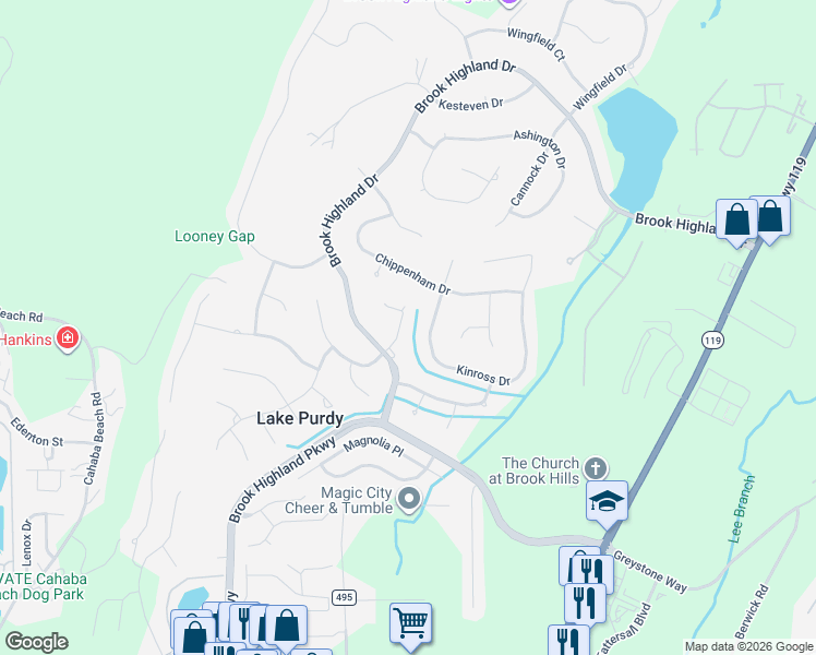 map of restaurants, bars, coffee shops, grocery stores, and more near 3321 Brook Highland Circle in Birmingham