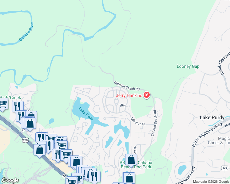 map of restaurants, bars, coffee shops, grocery stores, and more near 35199 Portobello Road in Birmingham