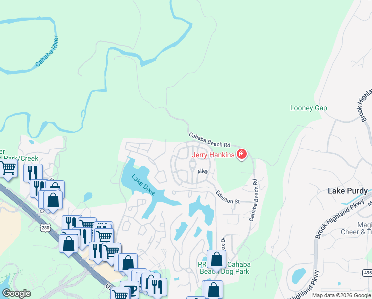 map of restaurants, bars, coffee shops, grocery stores, and more near 35199 Portobello Road in Birmingham