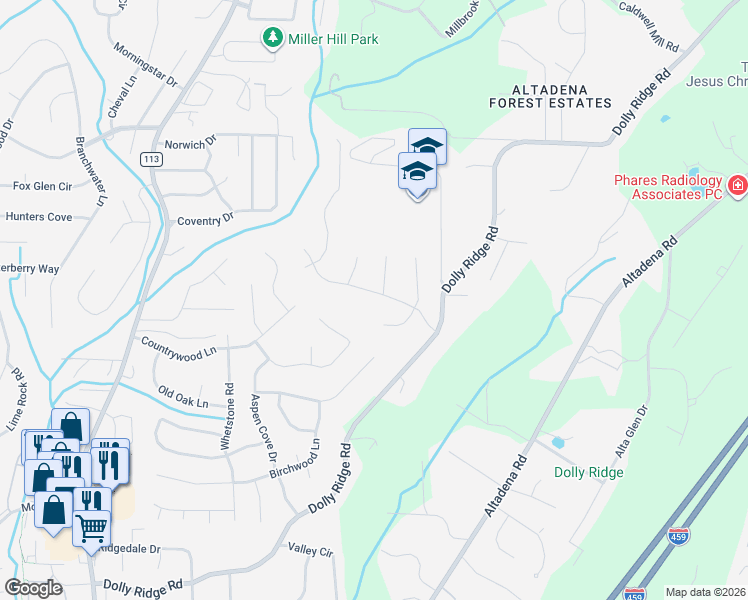 map of restaurants, bars, coffee shops, grocery stores, and more near 2337 Country Ridge Drive in Vestavia Hills