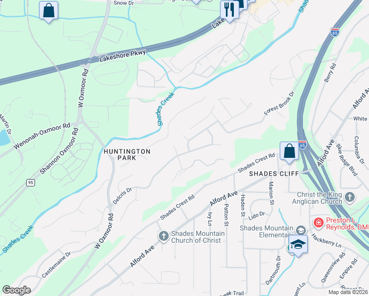map of restaurants, bars, coffee shops, grocery stores, and more near 1604 Shades Glen Circle in Birmingham