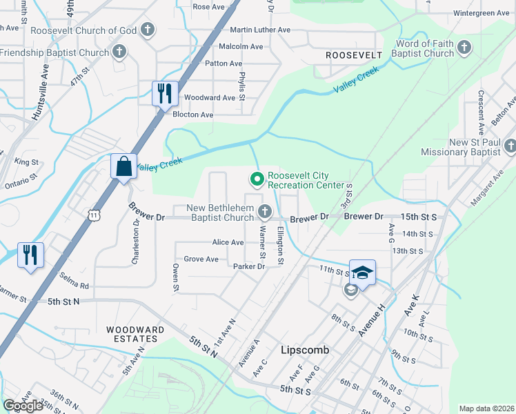 map of restaurants, bars, coffee shops, grocery stores, and more near 5904 Warner Street in Birmingham