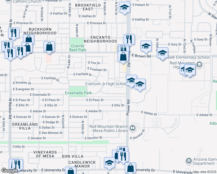 map of restaurants, bars, coffee shops, grocery stores, and more near 940 North Sericin Circle in Mesa