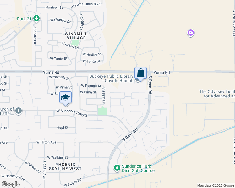 map of restaurants, bars, coffee shops, grocery stores, and more near 21876 West Pima Street in Buckeye