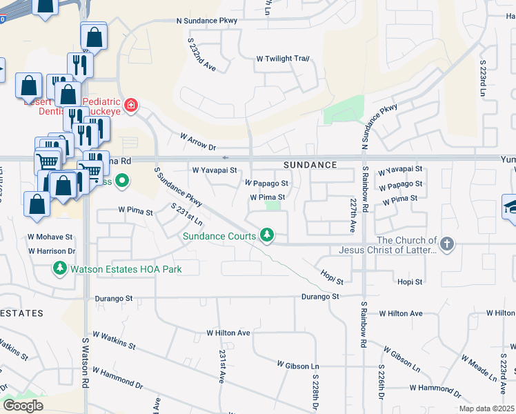 map of restaurants, bars, coffee shops, grocery stores, and more near 22993 West Pima Street in Buckeye
