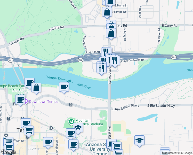 map of restaurants, bars, coffee shops, grocery stores, and more near 420 North Scottsdale Road in Tempe