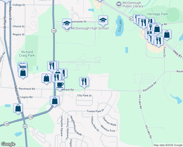 map of restaurants, bars, coffee shops, grocery stores, and more near 898 Greystone Drive in McDonough