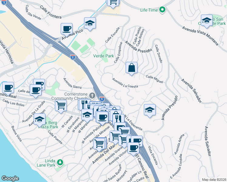 map of restaurants, bars, coffee shops, grocery stores, and more near 160 Avenida De La Paz in San Clemente