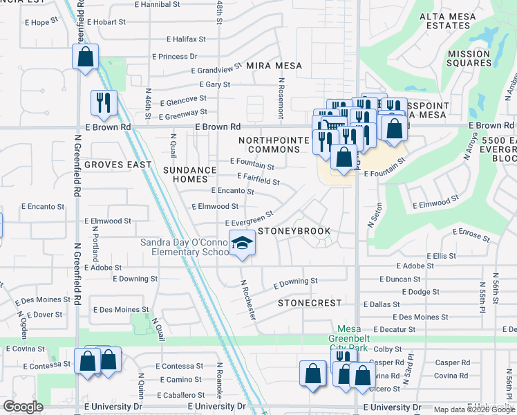 map of restaurants, bars, coffee shops, grocery stores, and more near 4999 East Elmwood Circle in Mesa