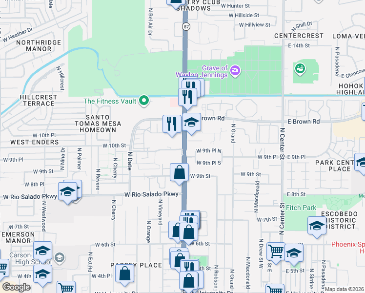 map of restaurants, bars, coffee shops, grocery stores, and more near 1000 N Country Club Dr in Mesa