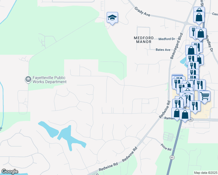 map of restaurants, bars, coffee shops, grocery stores, and more near 120 Partridge Point in Fayetteville