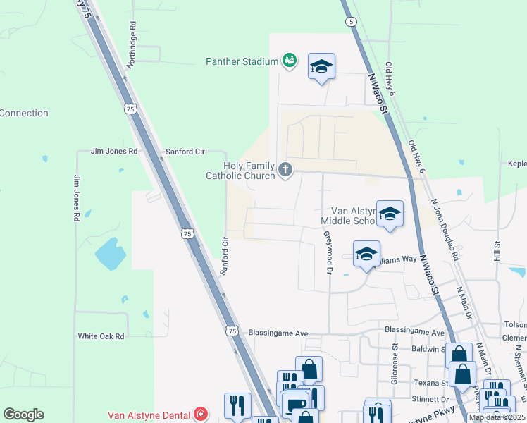 map of restaurants, bars, coffee shops, grocery stores, and more near 919 Spence Road in Van Alstyne