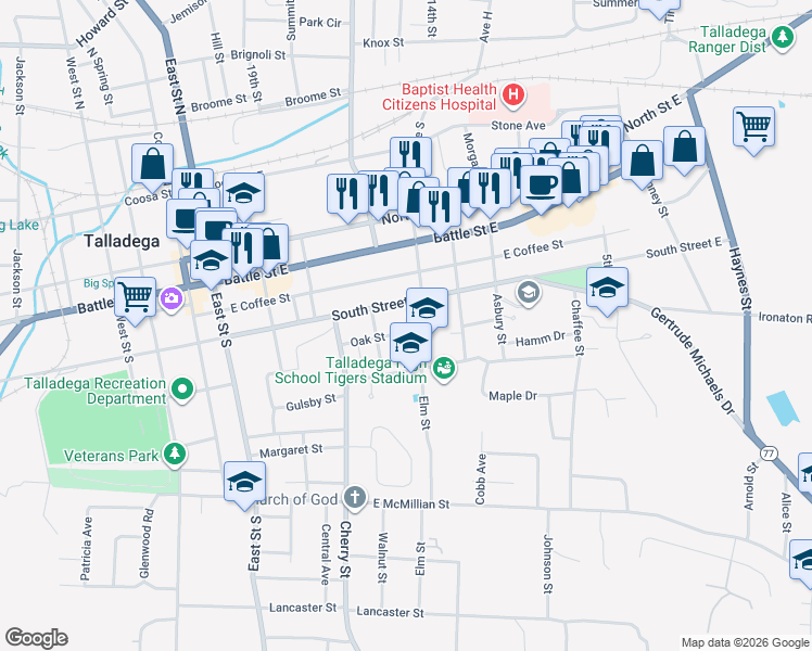 map of restaurants, bars, coffee shops, grocery stores, and more near 402 Elm Street in Talladega