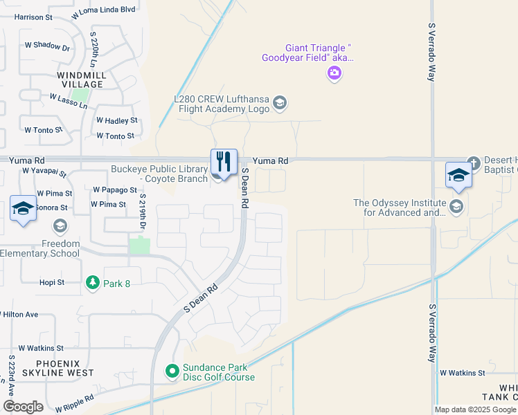 map of restaurants, bars, coffee shops, grocery stores, and more near 21596 West Sonora Street in Buckeye