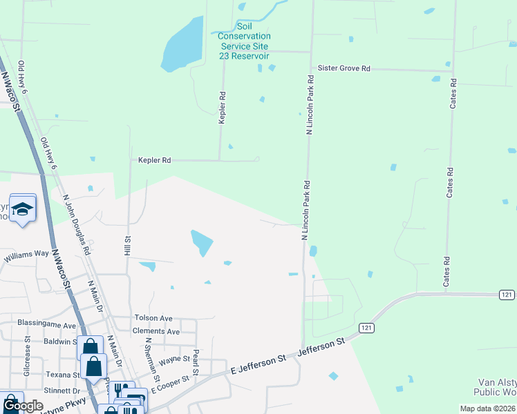 map of restaurants, bars, coffee shops, grocery stores, and more near 523 N Lincoln Park Rd in Van Alstyne