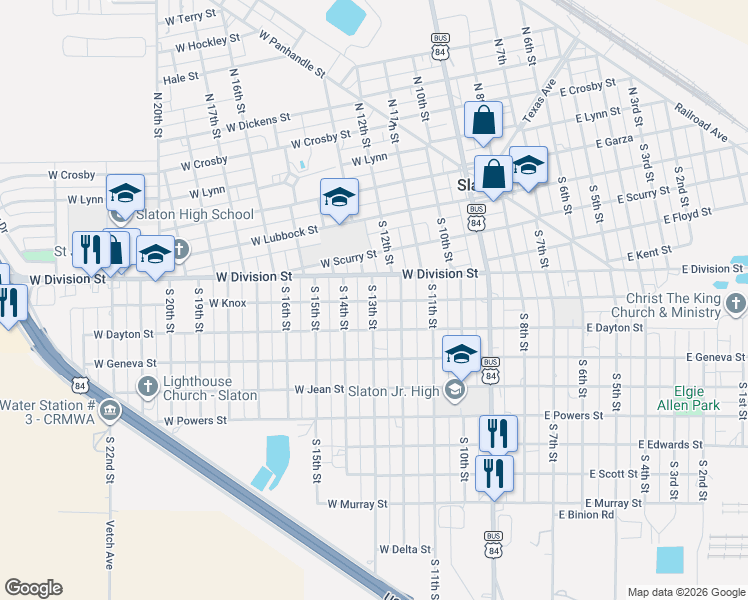 map of restaurants, bars, coffee shops, grocery stores, and more near 598 W Knox St in Slaton