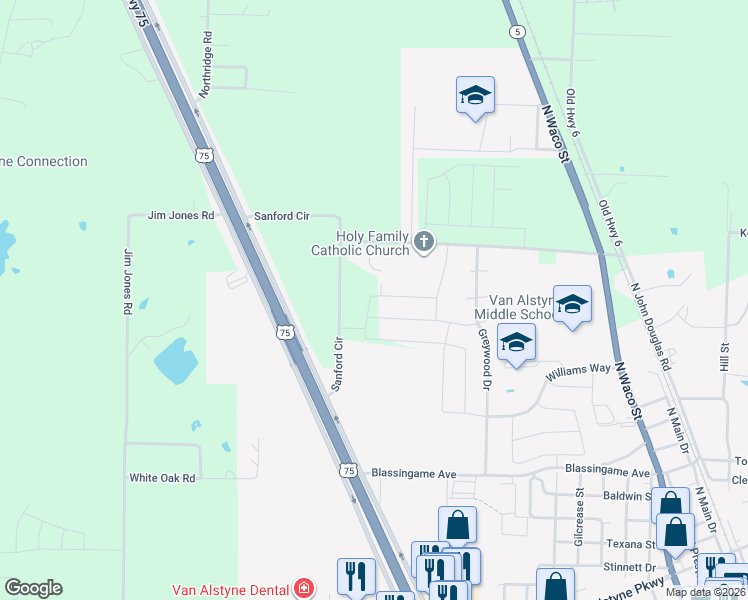 map of restaurants, bars, coffee shops, grocery stores, and more near 352 Sanford Circle in Van Alstyne