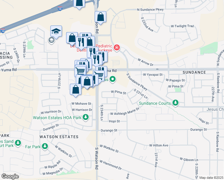 map of restaurants, bars, coffee shops, grocery stores, and more near 23398 West Pima Street in Buckeye