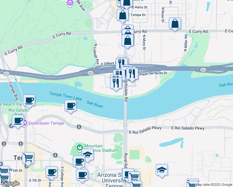 map of restaurants, bars, coffee shops, grocery stores, and more near 410 North Scottsdale Road in Tempe