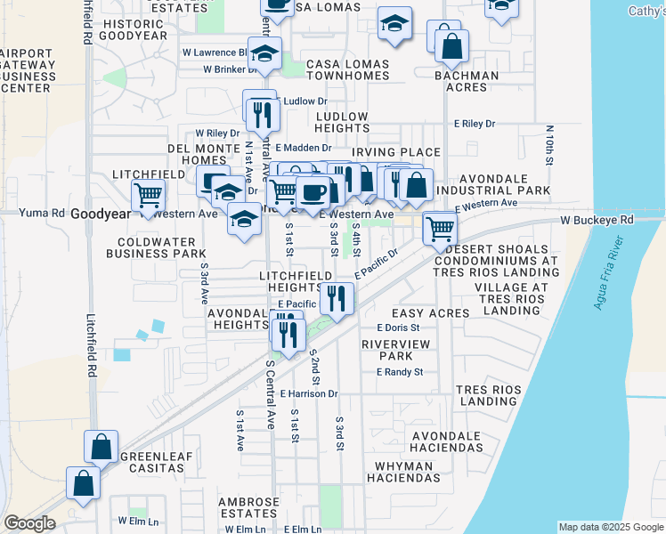 map of restaurants, bars, coffee shops, grocery stores, and more near 119 East Western Avenue in Avondale