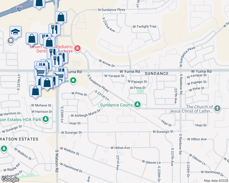 map of restaurants, bars, coffee shops, grocery stores, and more near 1421 South 231st Lane in Buckeye