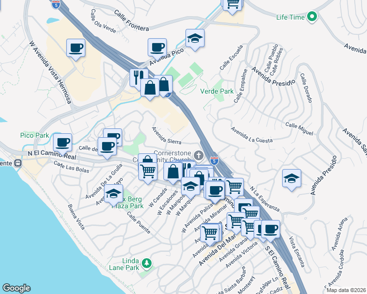 map of restaurants, bars, coffee shops, grocery stores, and more near 311 Avenida Sierra in San Clemente