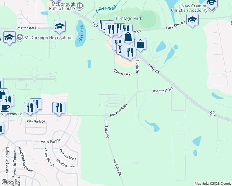 map of restaurants, bars, coffee shops, grocery stores, and more near 178 Daisy Circle in McDonough