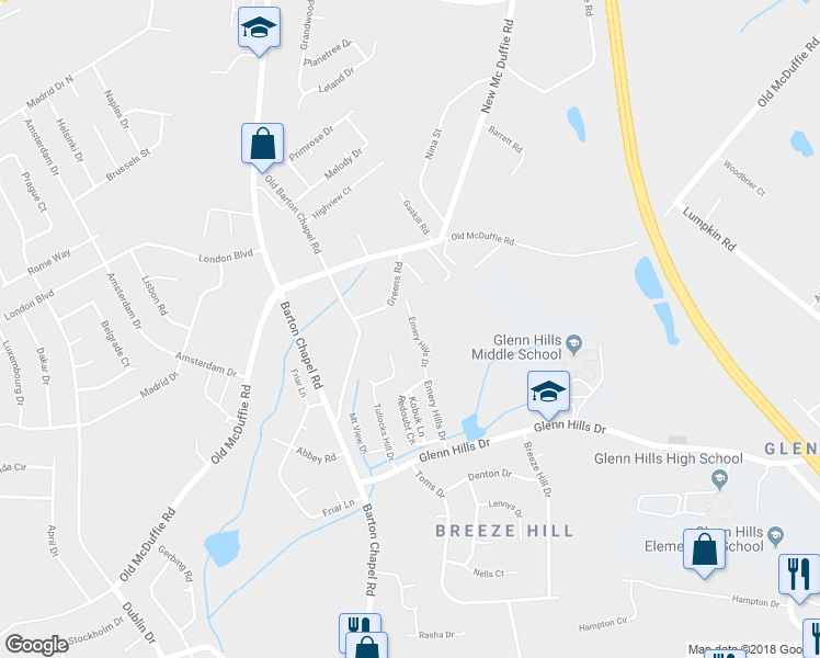 map of restaurants, bars, coffee shops, grocery stores, and more near 2471 Emery Hills Drive in Augusta