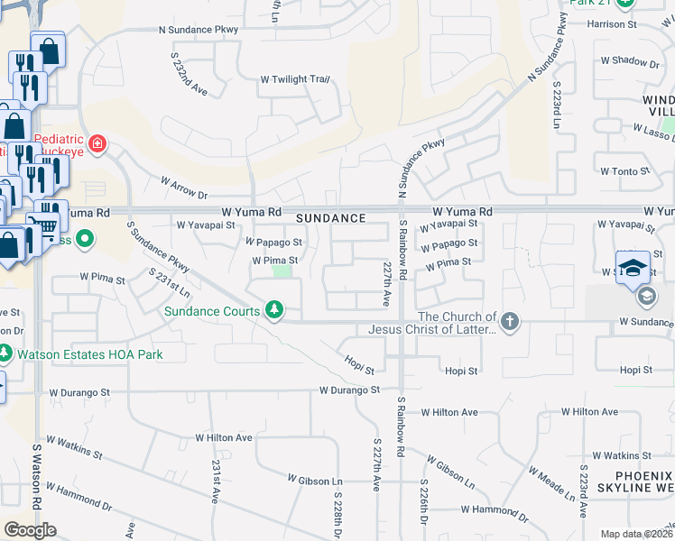 map of restaurants, bars, coffee shops, grocery stores, and more near 22832 West Pima Street in Buckeye
