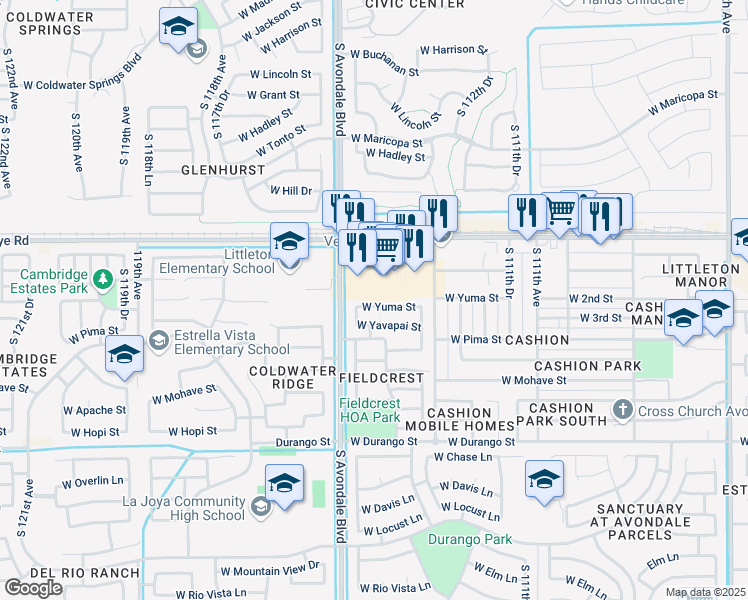 map of restaurants, bars, coffee shops, grocery stores, and more near 11418 West Yuma Street in Avondale