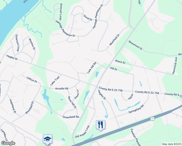 map of restaurants, bars, coffee shops, grocery stores, and more near 101 Lark Hill Road in Pawleys Island